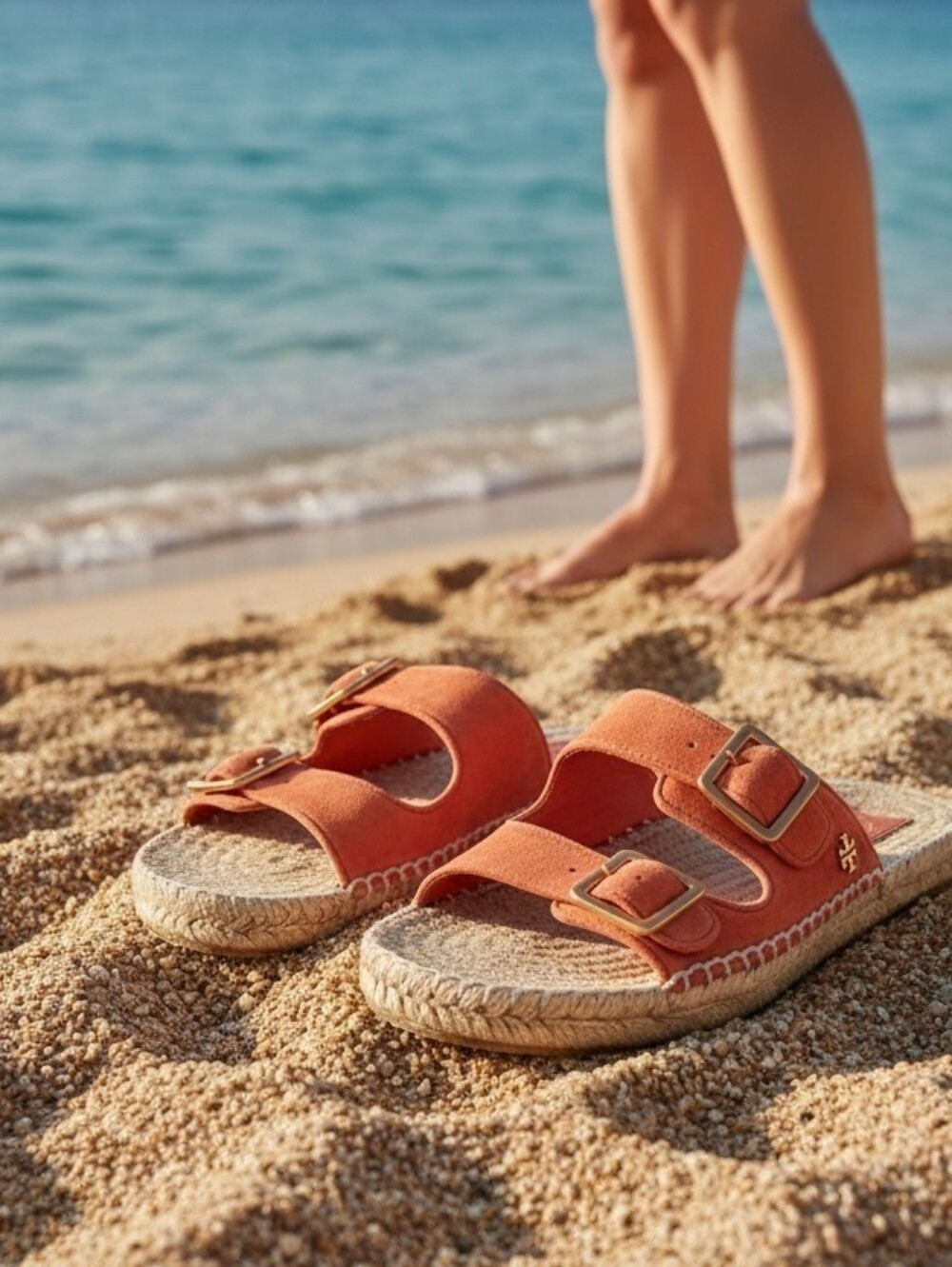 Tory Burch Suede Espadrille Slides Orange Double Buckle Sandals Women’s 6